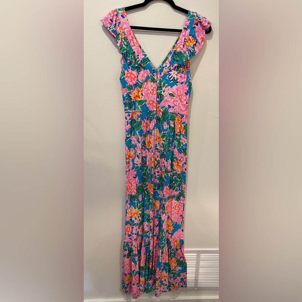 Lilly Pulitzer Turquoise Floral Maxi Dress with Pink & Green Accents - Picture 3 of 5